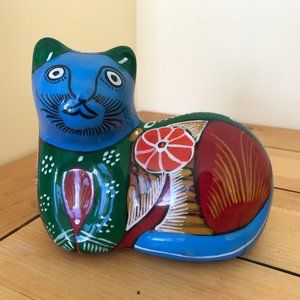 Hand Painted Mexican Cat Pottery Clay Figure Mexico Art 4.5" Tall